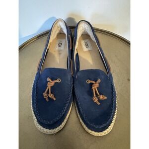 UGG Women's Moccasin Espadrille Flat Boat Shoes Blue Size 11 Leather Trim Warm